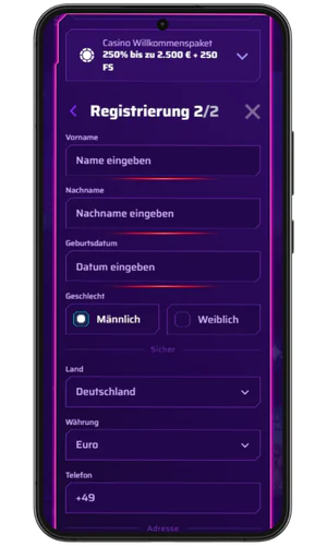 Registrierungsschritt zwei Roby Casino